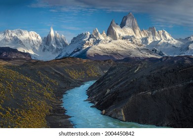 South America, Argentina. Mt. Fitzroy And River At Sunrise. 