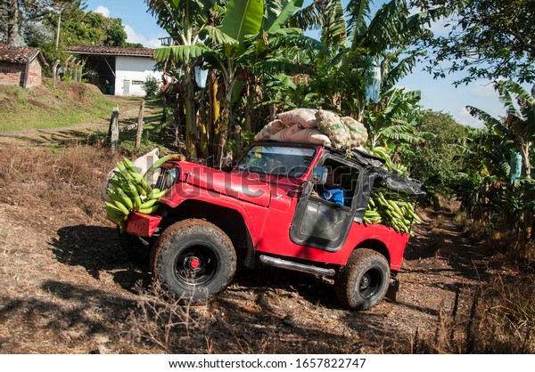 South america, Colombia. June 20, 2017: Jeep\
on the way to the banana\
plantations