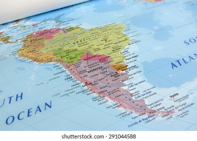 South America geographical view (Geographical view altered on colors/perspective and focus on the edge. Names can be partial or incomplete)