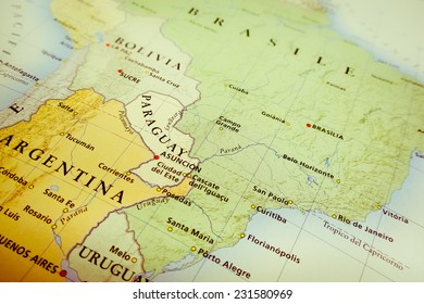 South America map (Geographical view altered on colors/perspective and focus on the edge. Names can be partial or incomplete) - Shutterstock ID 231580969