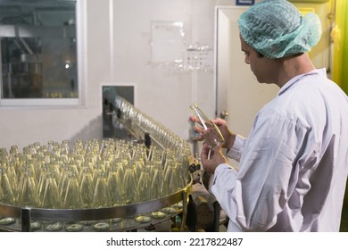 South Asian Senior Male Factory Worker Or Expert Quality Staff Is Checking Bottles Line For Beverage