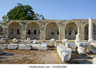 South Basilica. The ruins of the southern basilica next to the temple of Apollo and Athena in Side. Turkey. Basilica of the 5th century. Fragments of walls and marble columns. Side Mahallesi
