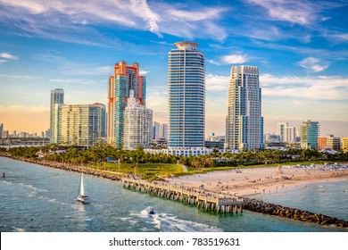 South Beach, Miami, Florida, USA over South Pointe Park.