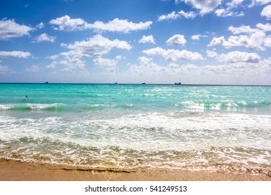 The South Beach Neighborhood Of Miami Beach In Florida. South Beach Is Famous For Its Tropical Sea, The Long White Beaches And Nightlife.