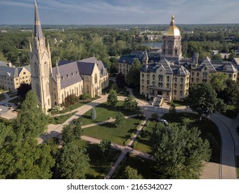 South Bend, Indiana - May 25, 2022: Basilica Of The Sacred Heart And Main Building At The University Of Notre Dame College Campus