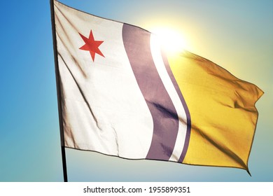 South Bend Of Indiana Of United States Flag Waving On The Wind In Front Of Sun