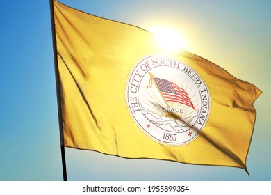 South Bend Of Indiana Of United States Flag Waving On The Wind In Front Of Sun