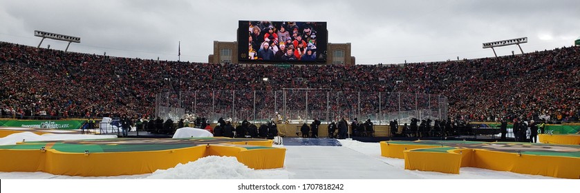 South Bend, IN / USA - January 1, 2019: A wide view of Notre Dame Stadium during the 2019 NHL Winter Classic between the Boston Bruins and the Chicago Blackhawks.