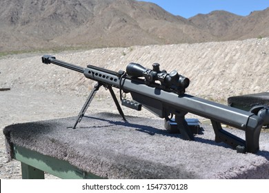 South Boulder City, Nevada / USA - April 30 2017: Sniper barrett rifle, 0.50 caliber, m82a1,  at shooting range.