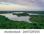 South Bristol, Maine, Midcoast, early summer aerial sunset of McFarlands Cove and Johns Bay