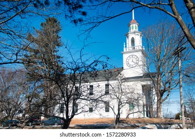 The South Congregational Church In The Town Of Kennebunkport Maine On A Sunny Blue Sky Early Winter Day.