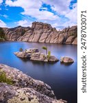 South Dakota Black Hills Country Summer Landscape: The Beautiful Rock Island and Glacial Peak Formation at Custer State Park in the Sylvan Lake Hiking Trails in Custer