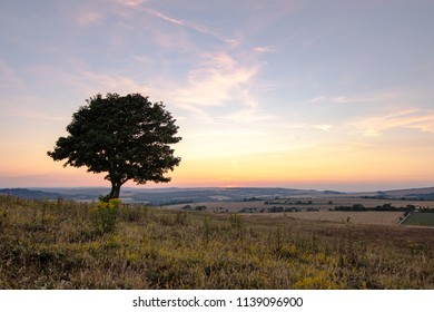 South Downs Cissbury Ring England UK, Sunset Going Down, Near The Village Of Findon In West Sussex. 