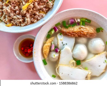 South East Asia, Singapore Hawker Food. Dry Minced Pork Fishball Noodles. Food On Table Concept. Flat Lay Top Down View.