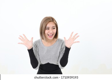 South East Asian Chinese Woman Facial Expression Stand Happy Smile Hands Wave In Air