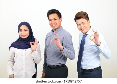 South East Asian Malay Chinese Man Woman Facial Expression Stand Ok Finger Sign