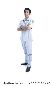 South East Asian, Thai Practical Male Nurse, Male Nurses' Aides Of Emergency Room Unit Full Body Posing Isolated On White Background.  