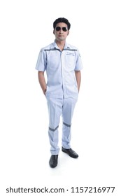 South East Asian, Thai Practical Male Nurse, Male Nurses' Aides Of Emergency Room Unit Full Body Posing Isolated On White Background.  