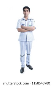 South East Asian, Thai Practical Male Nurse, Male Nurses' Aides Of Emergency Room Unit Full Body Posing Isolated On White Background.  