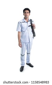 South East Asian, Thai Practical Male Nurse, Male Nurses' Aides Of Emergency Room Unit Full Body Posing Isolated On White Background.  