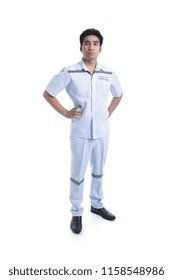 South East Asian, Thai Practical Male Nurse, Male Nurses' Aides Of Emergency Room Unit Full Body Posing Isolated On White Background.  