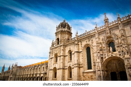 South facade of Hieronymites Monastery (Mosteiro dos Jeronimos) and Santa maria church in Belem, Lisbon, Portugal. UNESCO World Heritage Site.