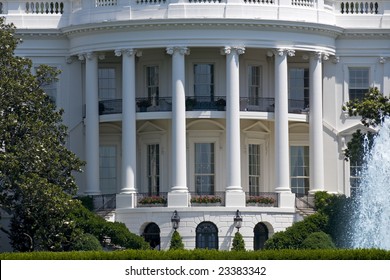 The south face of the White House in Washington on a summer day.