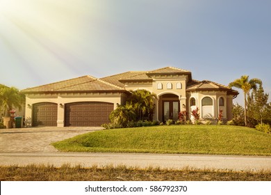 South Florida Single Family House In Sunny Day. 