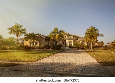 South Florida Single Family House In Sunny Day. 