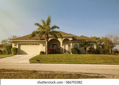 South Florida Single Family House In Sunny Day. 