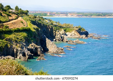 South Of France. View From Collioure Cliffs To Argeles-sur-Mer Beach. Camping On Hill. Cote Vermeille. Pyrenees-Orientales, Near The Border With Spain.