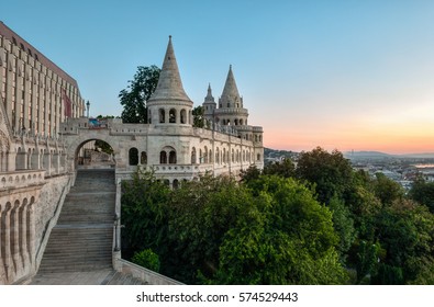 South Gate Of Fisherman's Bastion In Budapest, Hungary At Sunrise