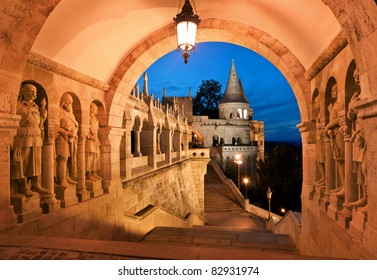 The South Gate Of The Fisherman's Bastion In Budapest - Hungary At Night