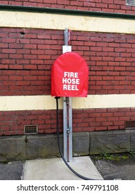 South Gippsland, Victoria, Australia, October 2017.   Vintage Fire Hose On Korumburra Railway Station Platform. 