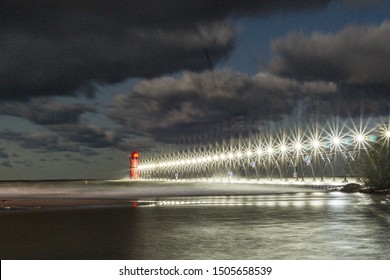 South Haven, Mi Lighthouse At Night With Clouds And Waves In Long Exposure