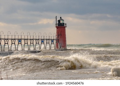 South Haven, Michigan Lighthouse During A Winter Weather Storm