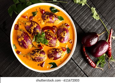 South Indian Brinjal Curry Masala Served In White Bowl.