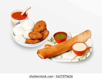 South Indian Dishes Like Paper Masala Dosa, Idly, Vada, Sambar And Coconut Chutney