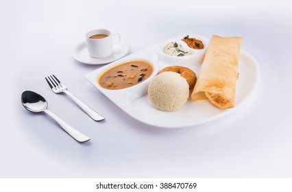 South Indian Food Dosa, Idli Or Idly, Vada, Sambar Coconut Chutney And Hot Tea