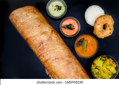 South Indian Food Plates With Idly Dosa Variety Rice. 