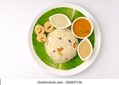 South Indian Food Pongal With Sambhar And Chutney