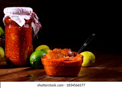 South Indian Home Made Spicy Lemon Pickle On A Rustic Kitchen Background