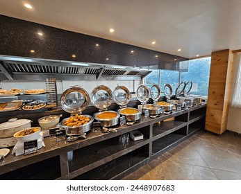 South Indian and North Indian cuisine mashup buffet served for breakfast at a hotel in Bengaluru, India