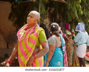 South Indian Religious Lady Going Together Between Public Crowd, Wearing Saree Lady, Traditional Headshave Women Female At Varanasi Uttar Pradesh In India Shot Captured On March 2022