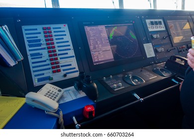 SOUTH ISLAND, NEW ZEALAND- MAY 25, 2017: Complete Ferry Boat Pilot Command Cabin With A Radar In The Screen, In New Zealand