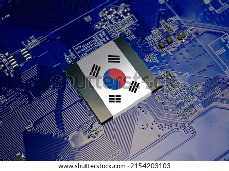 South Korea flag on CPU operating chipset computer electronic circuit board