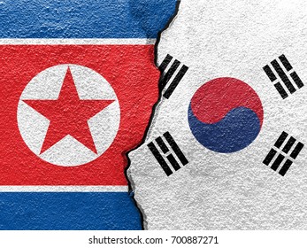 South Korea And North Korea's Flag On Cracked Wall