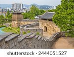 South Korea - Suwon - The west gate (hwaseomun) to Suwon fortress (hwaseong) built in 1794-96 by Joseon dynasty, now world heritage. It has the stone base and capped with a one-storey wooden pavilion.