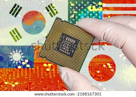 South Korea, USA, Taiwan and Japan flags and semiconductor chips. Chip4 alliance concept.
