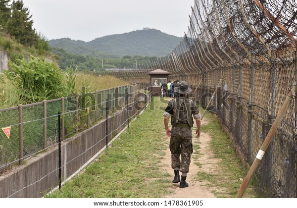 South Korean soldier patrols DMZ on border with\
North Korea